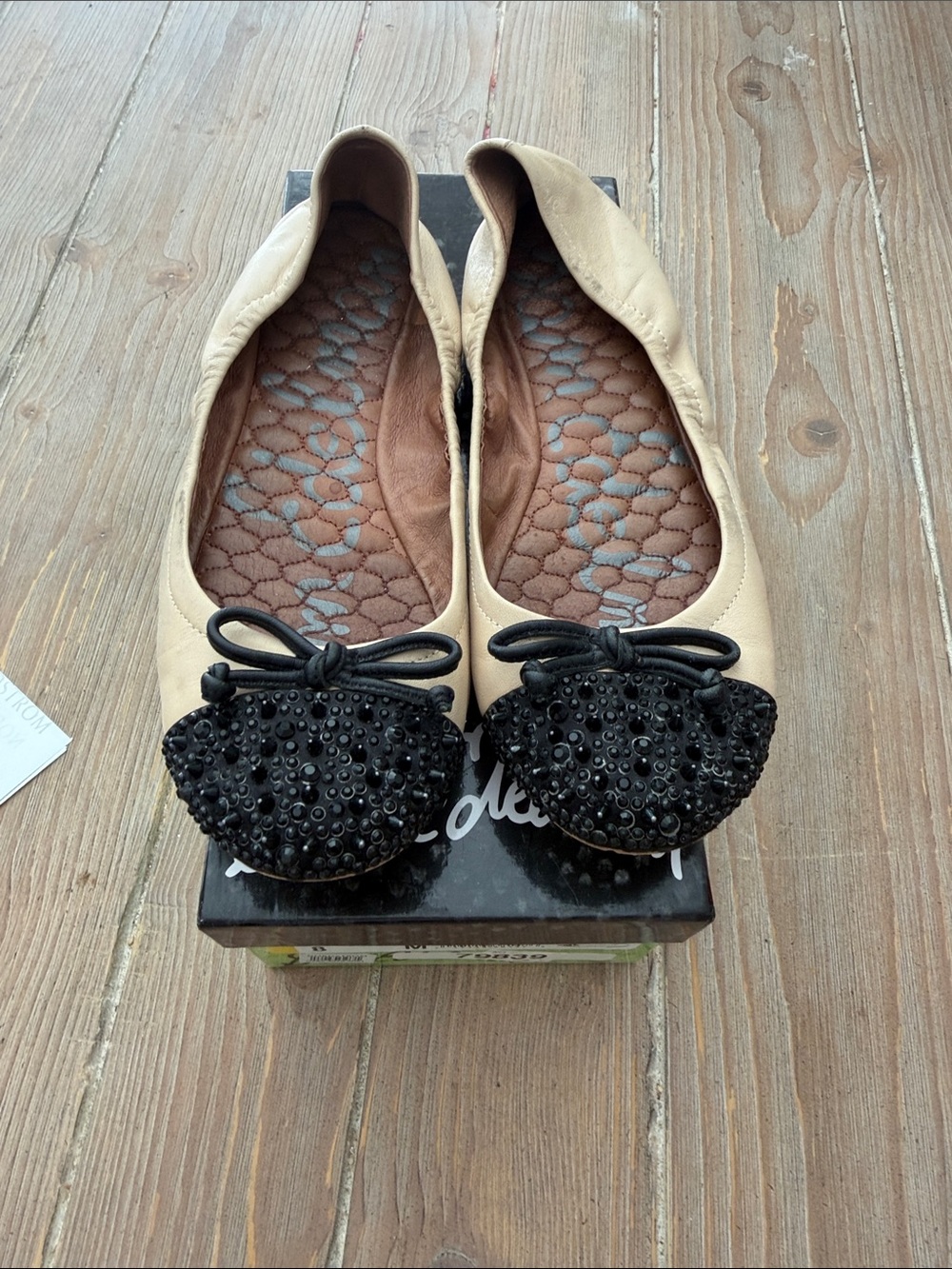 Sam Edelman Beige Ballet Flats with Black Embellished Toe Caps